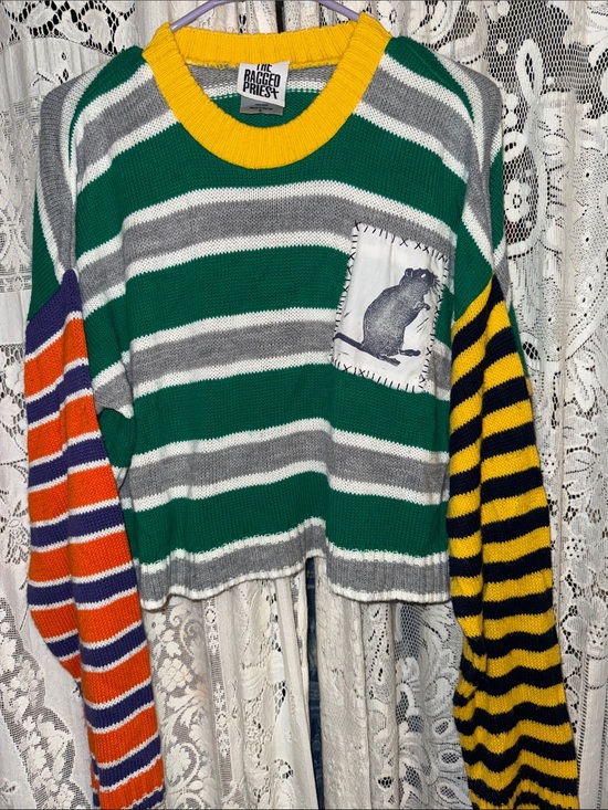 The Ragged Priest Sweaters - The Ragged Priest Green Gray White Striped Cropped Sweater with Contrast Sleeves